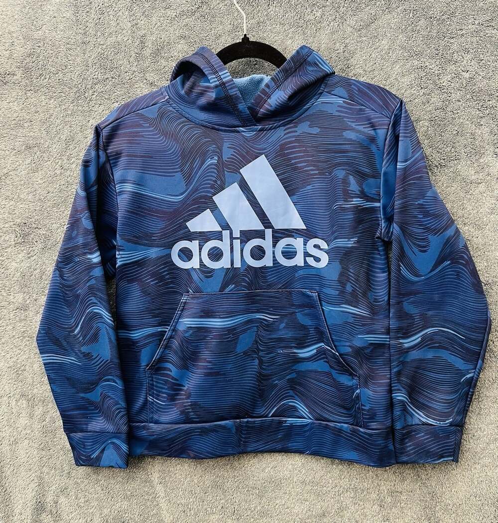 Adidas Boys Blue Swirl Print Hoodie Size M 10/12 Fleece Pullover